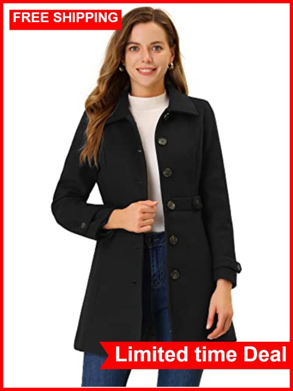 Allegra K Women's Winter Classic Overcoat Single Breasted Pea Coat